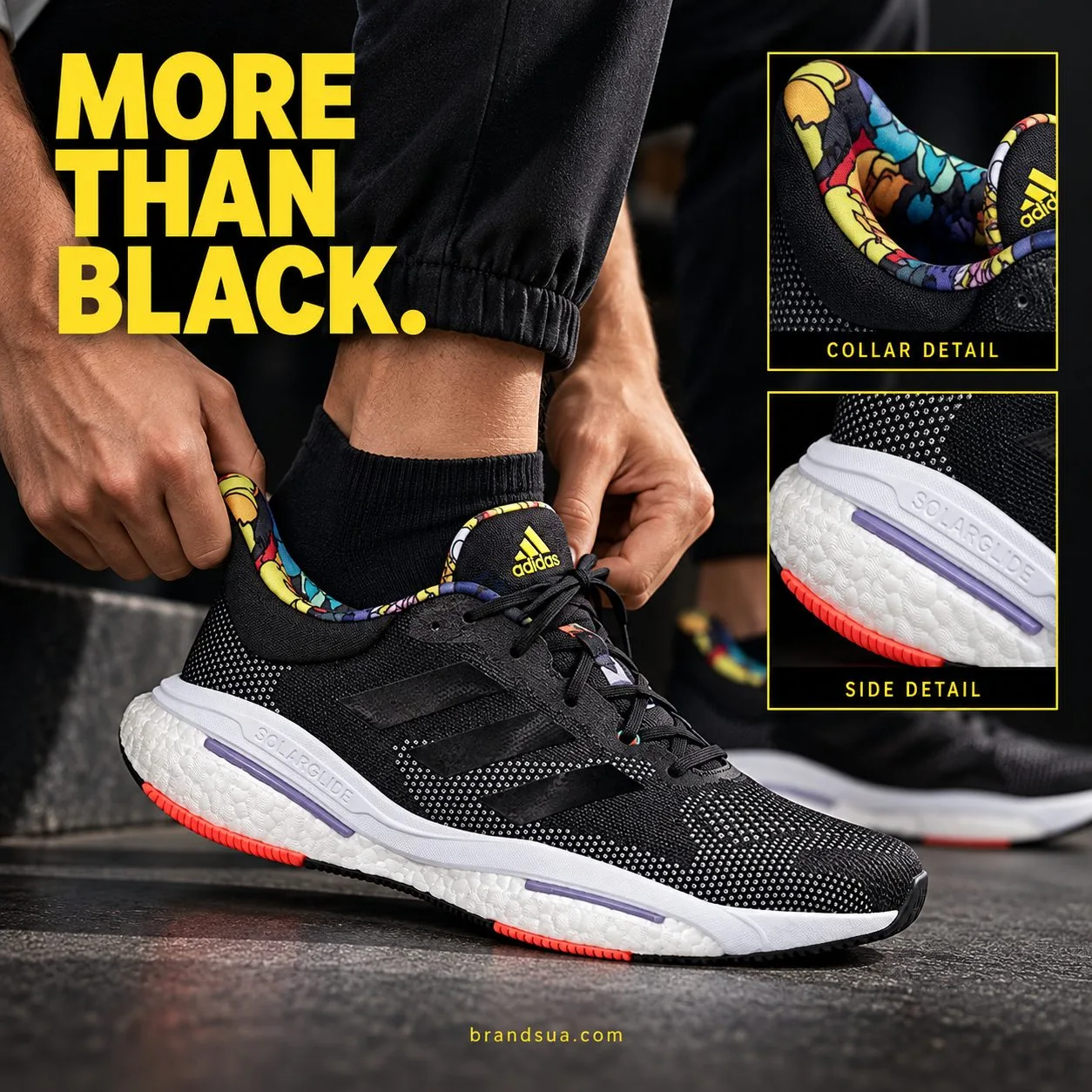 Adidas SolarGlide 5 Black GX5471 — Adult opens shoe collar while seated to put it on, camera sees actual colorful lining. Se…