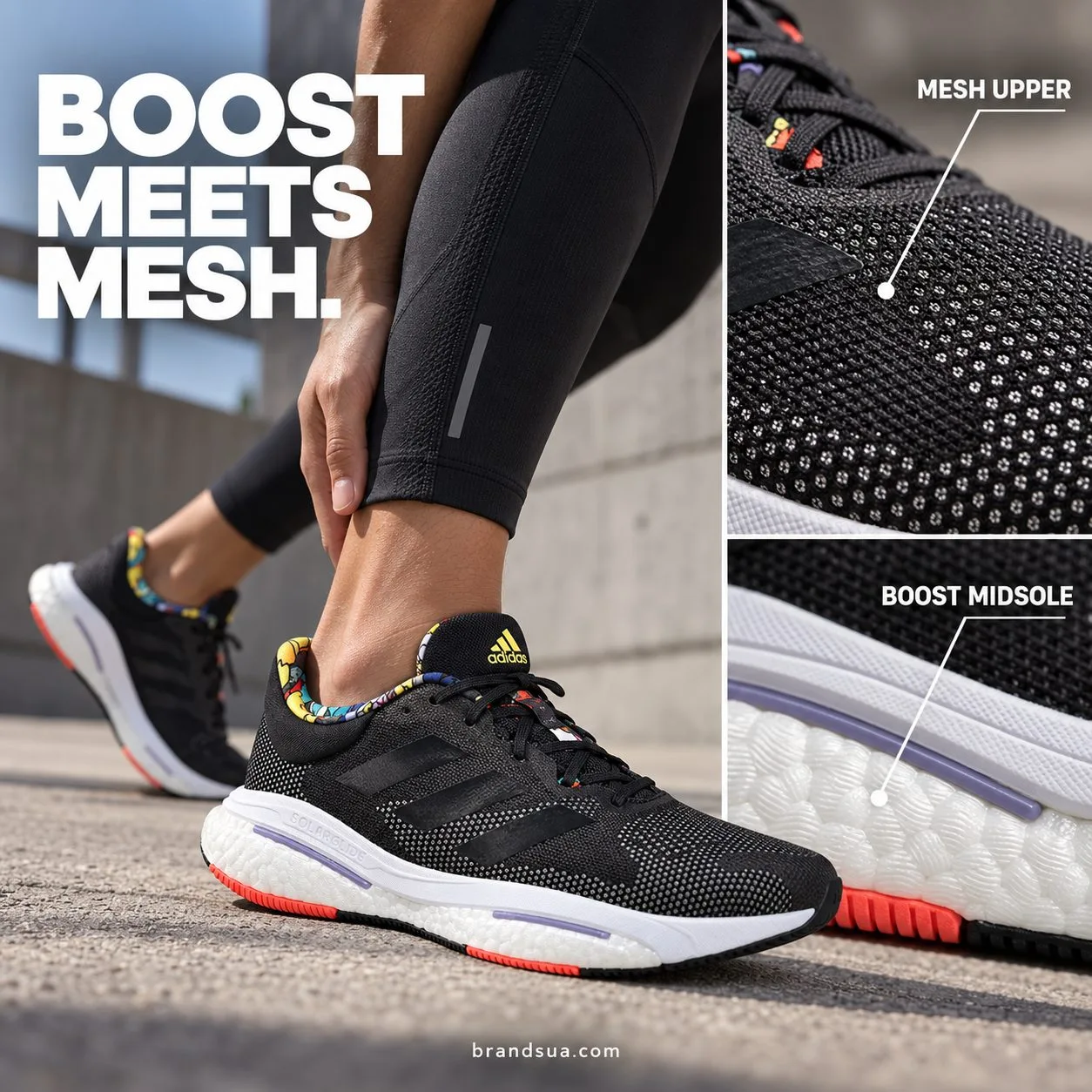 Adidas SolarGlide 5 Black GX5471 — Ad divided into three purposeful areas: on-foot calf stretch low angle with full shoe, me…