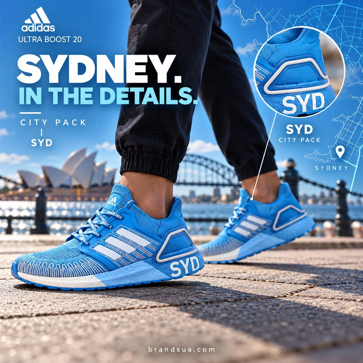 Adidas Ultra Boost 20 City Pack Sydney FX7814 — Harbor blue setting and actual city code connect design to edition.