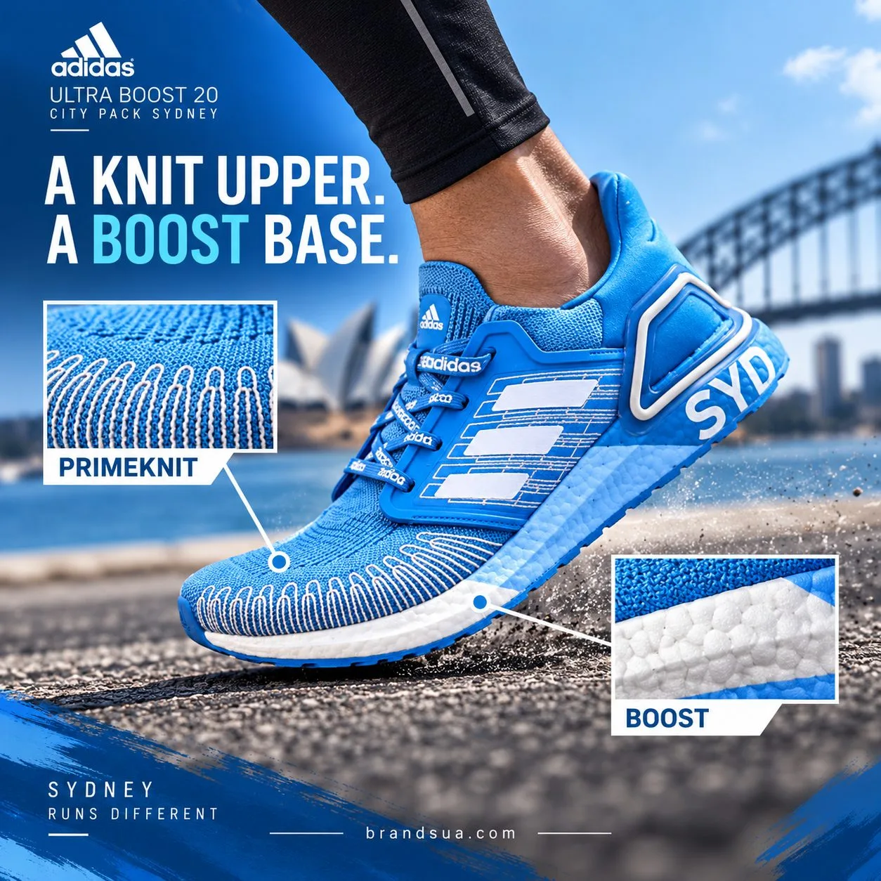 Adidas Ultra Boost 20 City Pack Sydney FX7814 — Visible texture proof connects named materials to shoe.