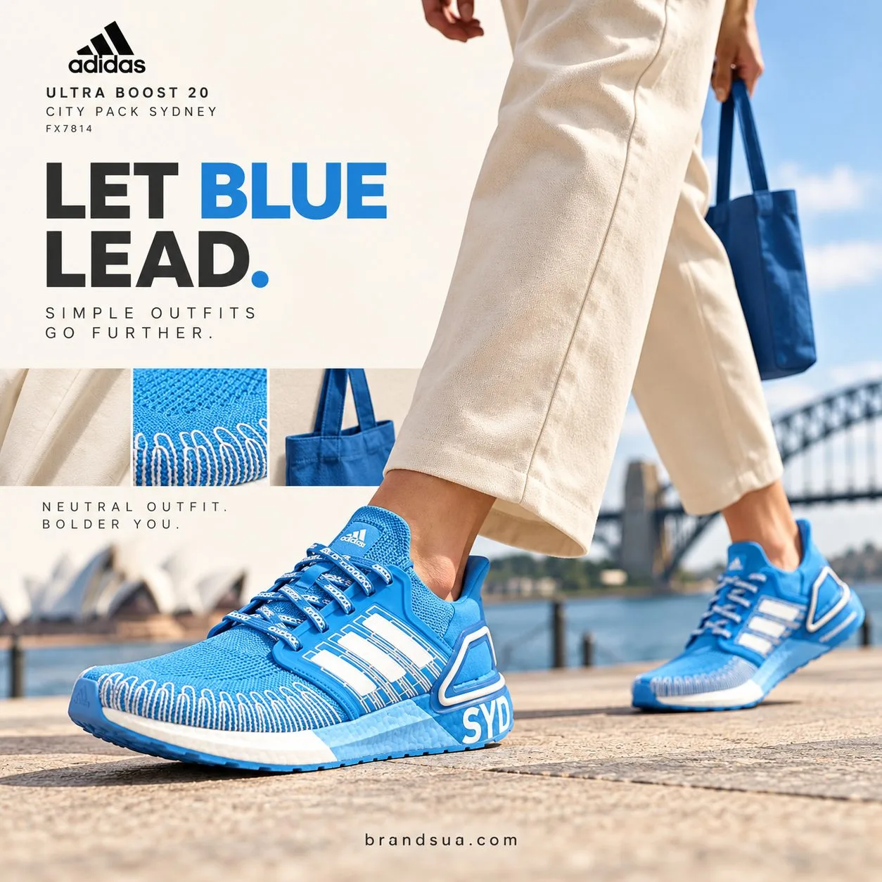 Adidas Ultra Boost 20 City Pack Sydney FX7814 — Neutral outfit lets blue shoes visibly lead styling.