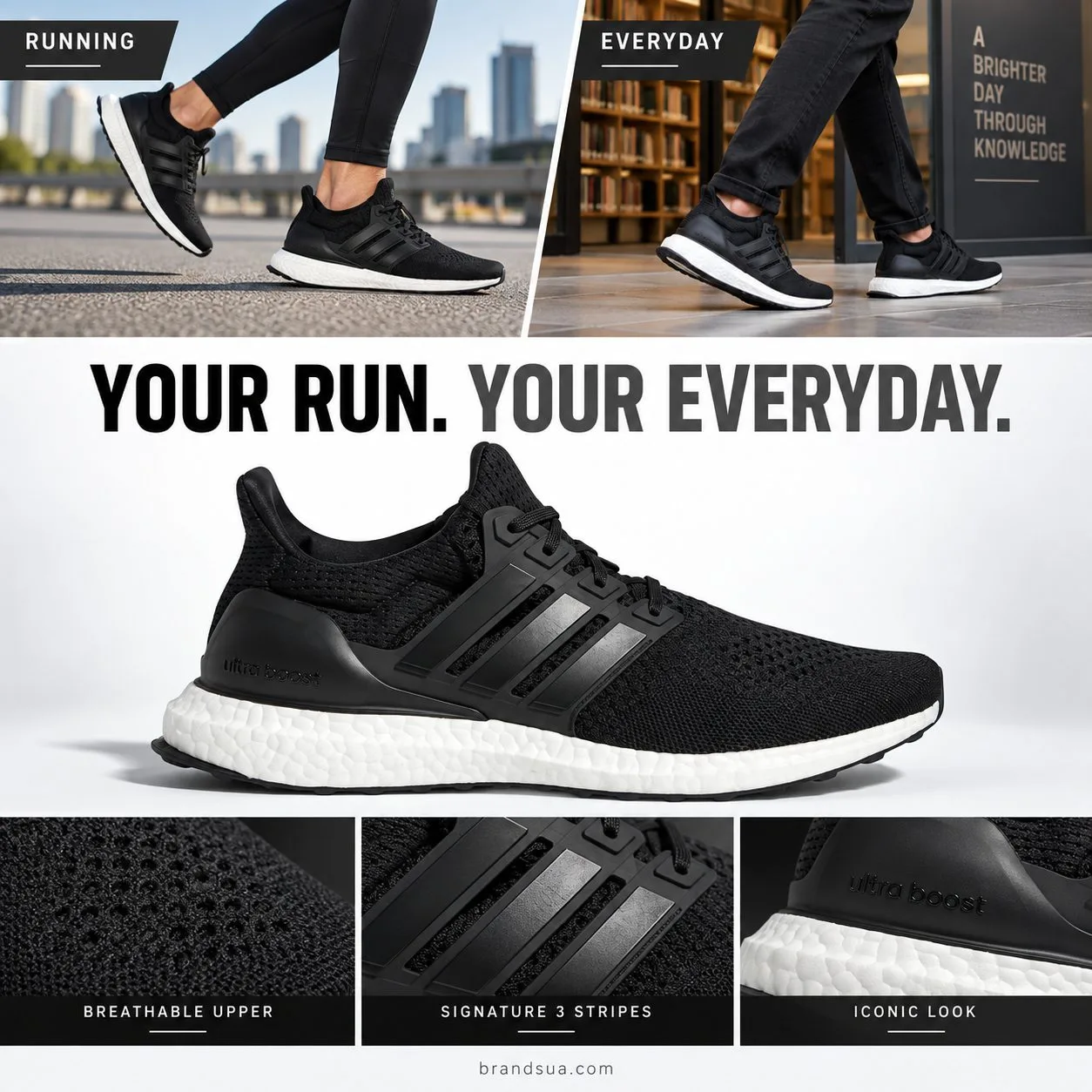 Adidas Ultra Boost 4.0 Men's BB6166 — YOUR RUN. YOUR EVERYDAY.; Two narrow photographic use strips with exact shoe on road j…