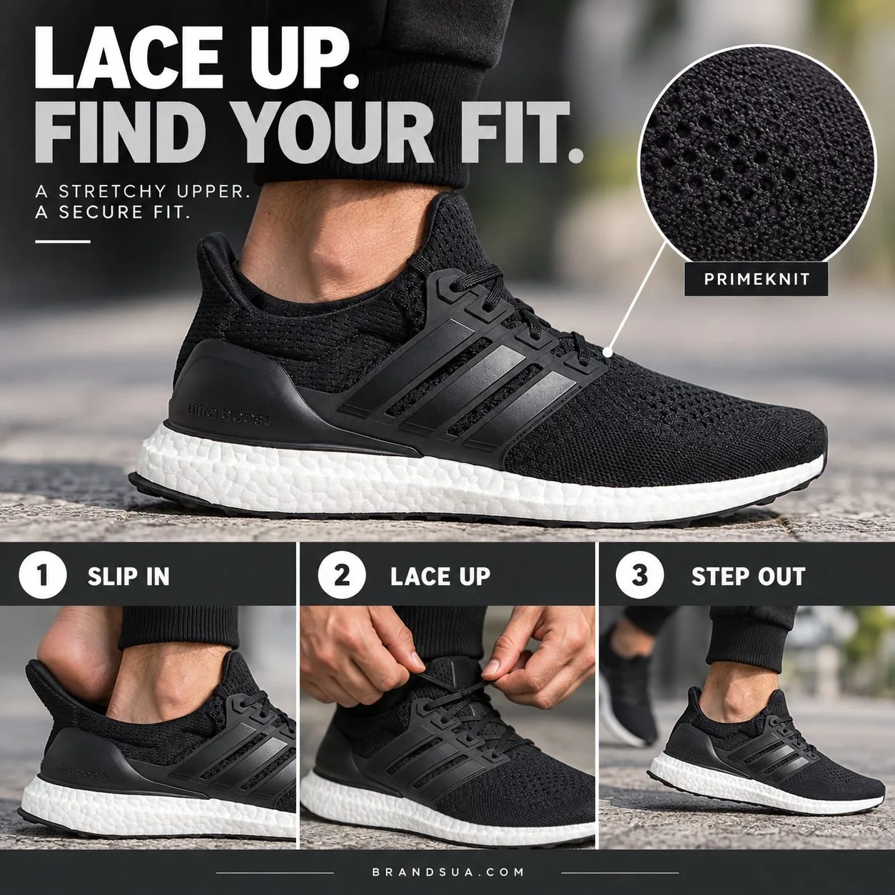 Adidas Ultra Boost 4.0 Men's BB6166 — LACE UP. FIND YOUR FIT.; Three-step photographic storyboard: worn shoe source-side, ha…