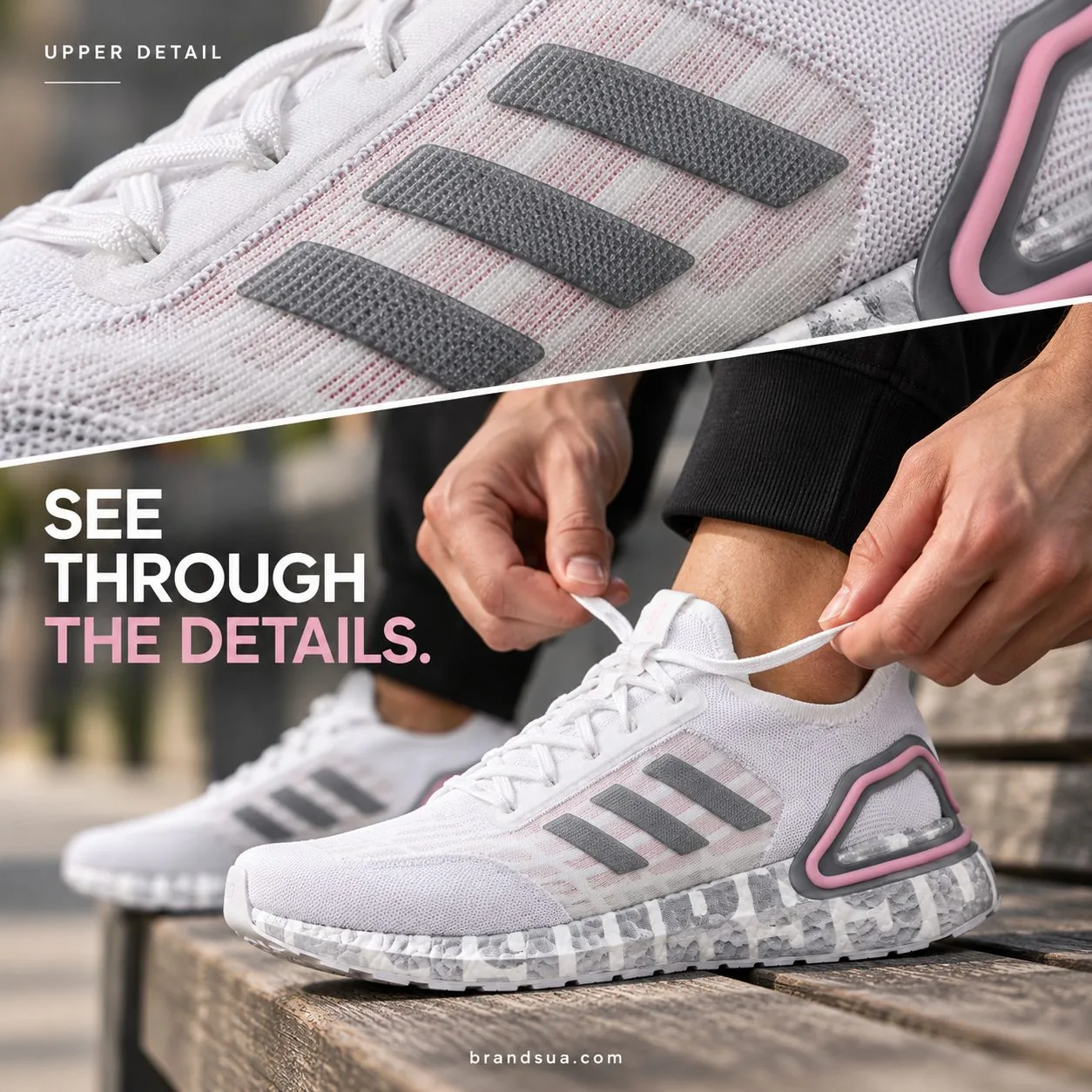 Adidas Ultra Boost David Beckham FX0576 — Adult hands tying white laces on bench, full shoe below; upper third a sharp macro…