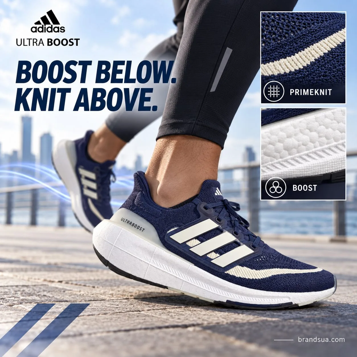 Adidas Ultra Boost light running HP9203 — Onfootrunninghero plus clean labeledmaterialmacros shows upper/sole components.