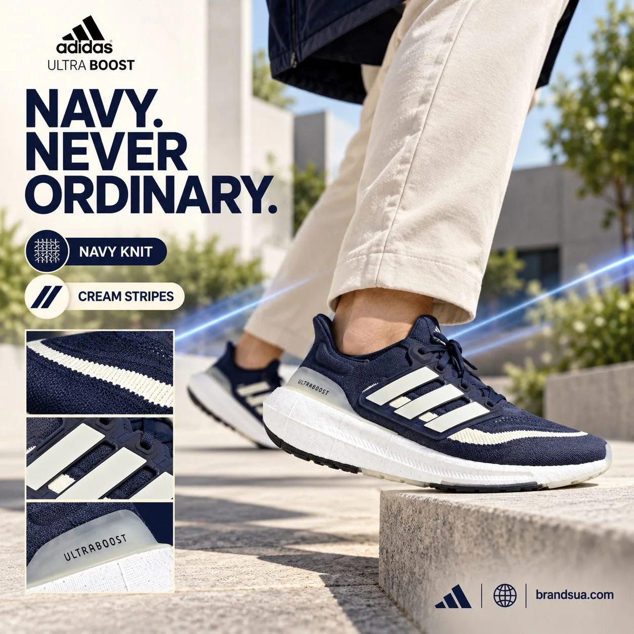 Adidas Ultra Boost light running HP9203 — Navyshoe withcreamtrousers repeats palette, smallprecisestripemacro confirmsdesign.