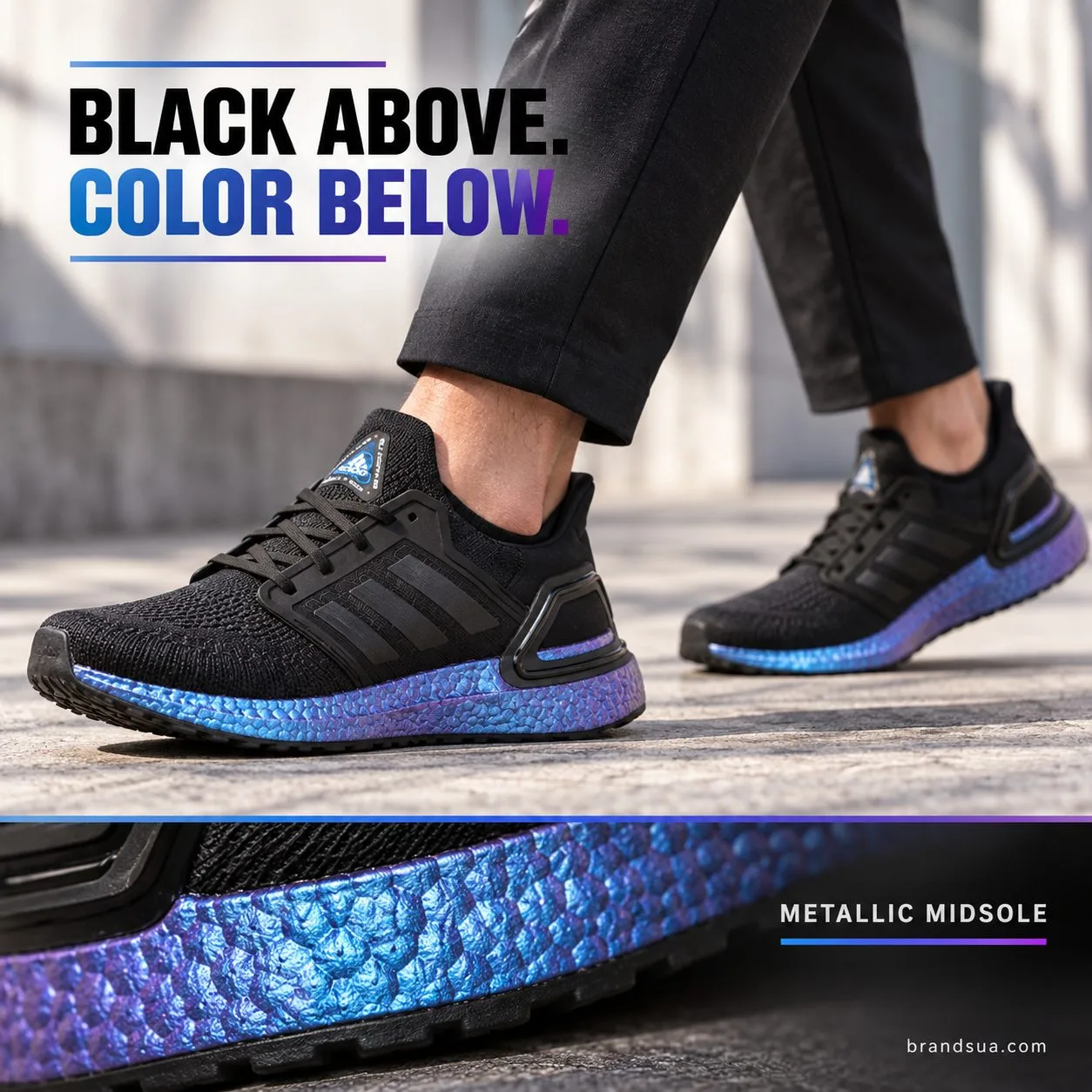 Adidas UltraBoost 20 Black EG1341 — Walking adult in black cropped trousers steps through soft daylight, close side view exa…