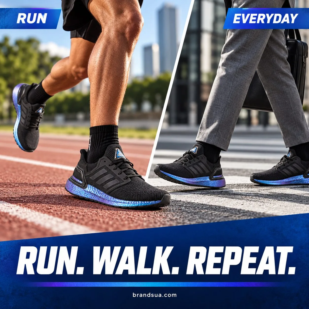 Adidas UltraBoost 20 Black EG1341 — Two crisp diagonal action panels: runner from waist down in black shorts on track; commu…