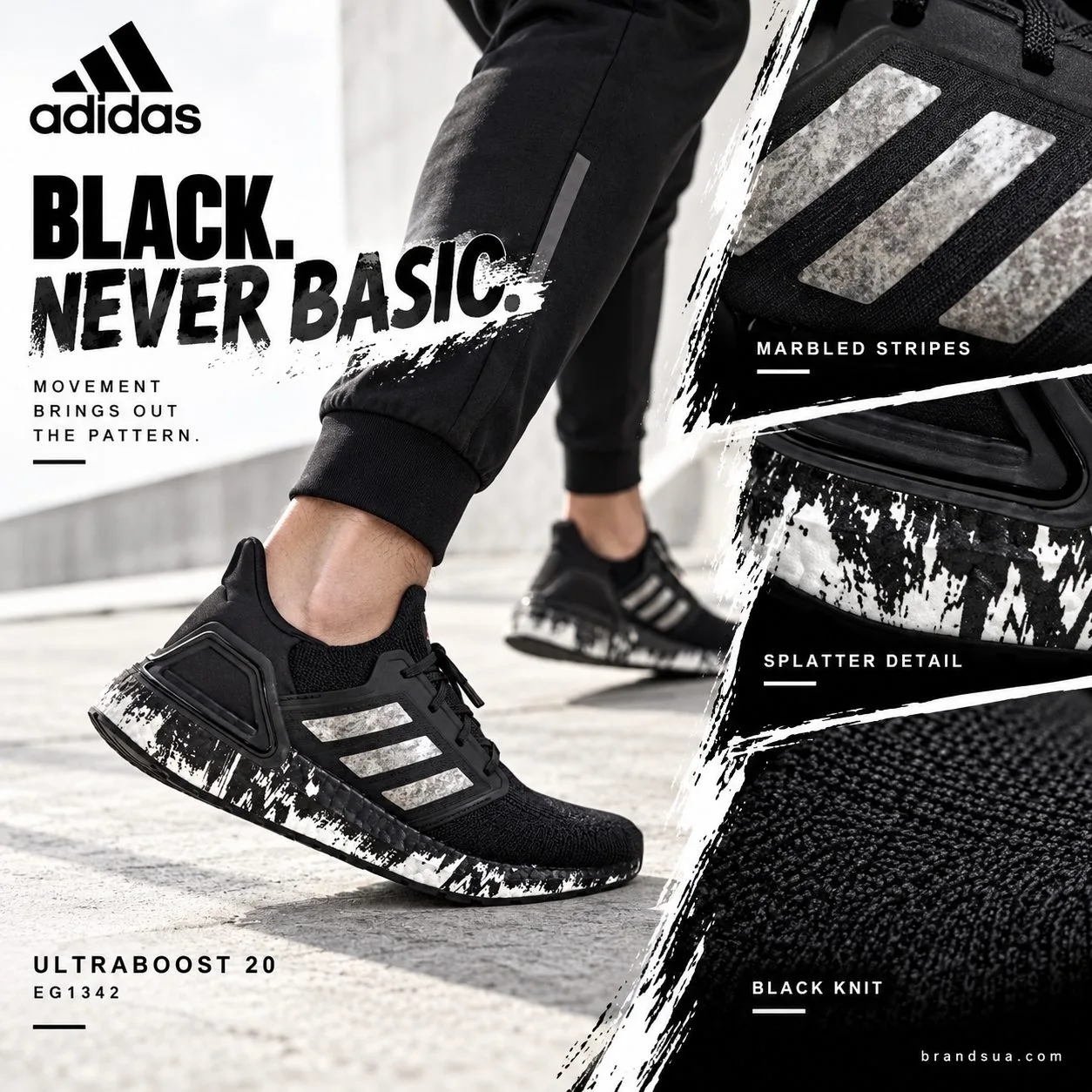 Adidas ULTRABOOST 20 EG1342 — BLACK. NEVER BASIC.; Adult runner on pale concrete avenue wearing exact shoe; authentic marble…