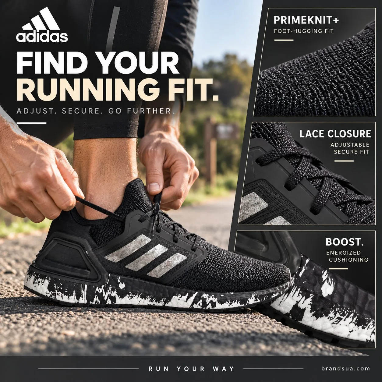 Adidas ULTRABOOST 20 EG1342 — FIND YOUR RUNNING FIT.; Adult runner actively tightening lace on worn source-side shoe at trai…