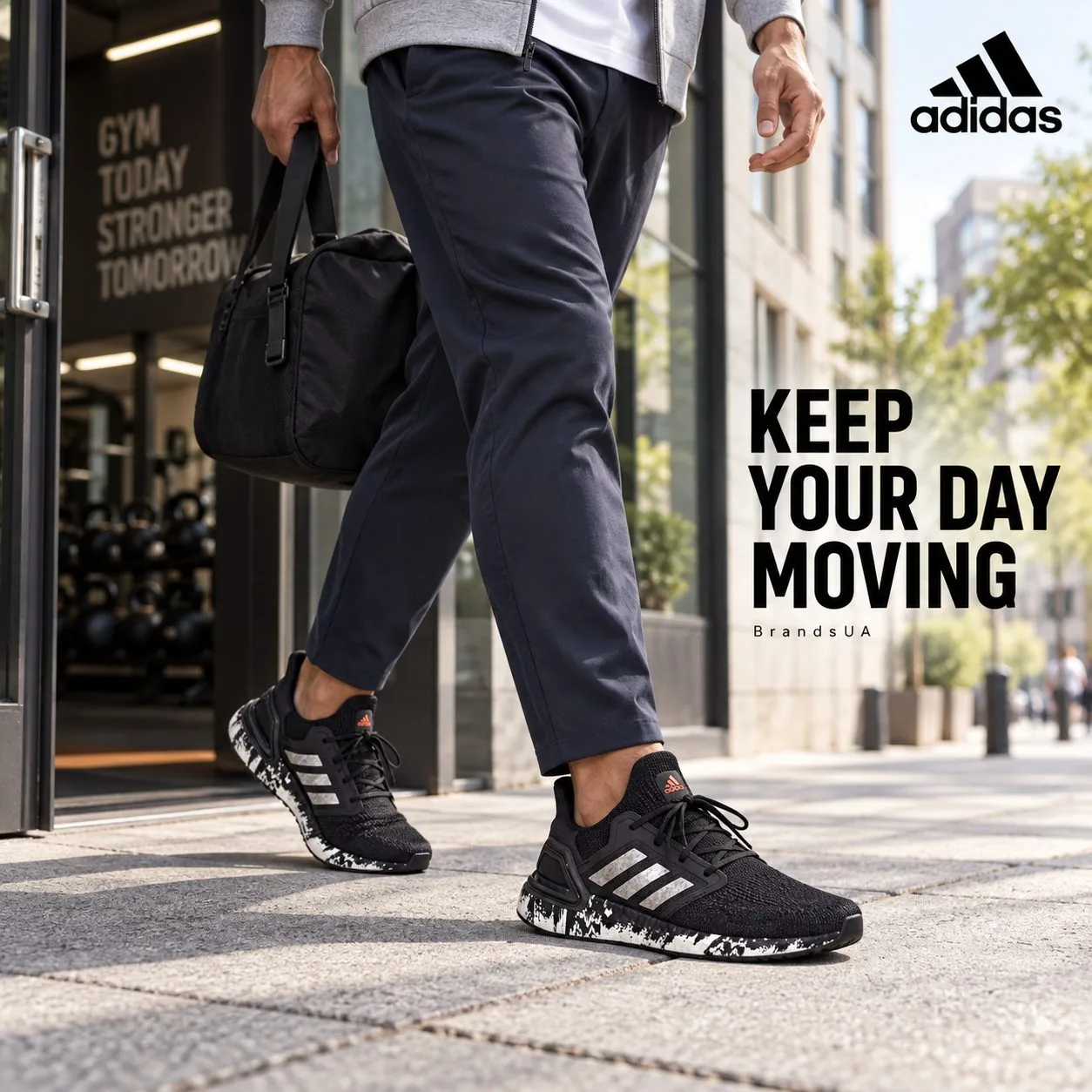 Adidas ULTRABOOST 20 EG1342 — CARE FOR YOUR PAIR.; Cropped adult seated at home after run, one shoe still worn and second in…