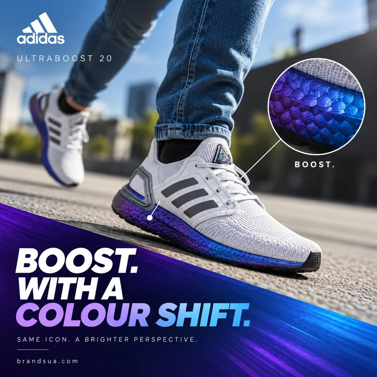 Adidas UltraBoost 20 Grey FG0755 — Colour shift visibly highlighted outside foam while on-foot product stays accurate.