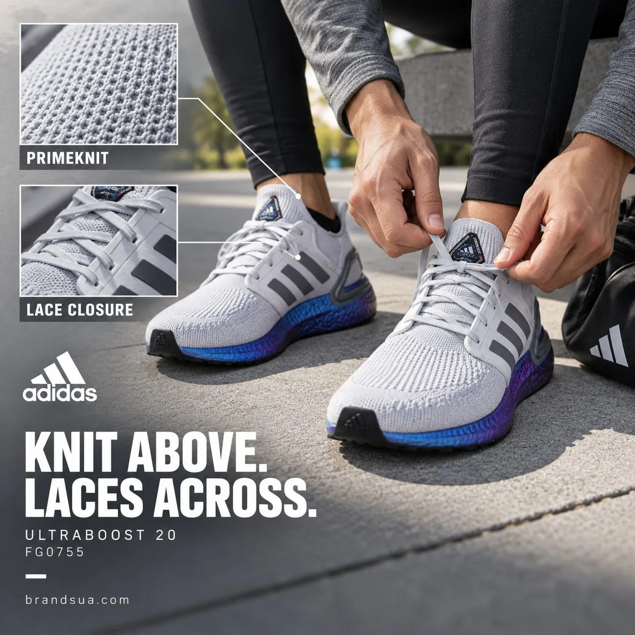 Adidas UltraBoost 20 Grey FG0755 — Actual hand on laces demonstrates closure while macro proves knit.