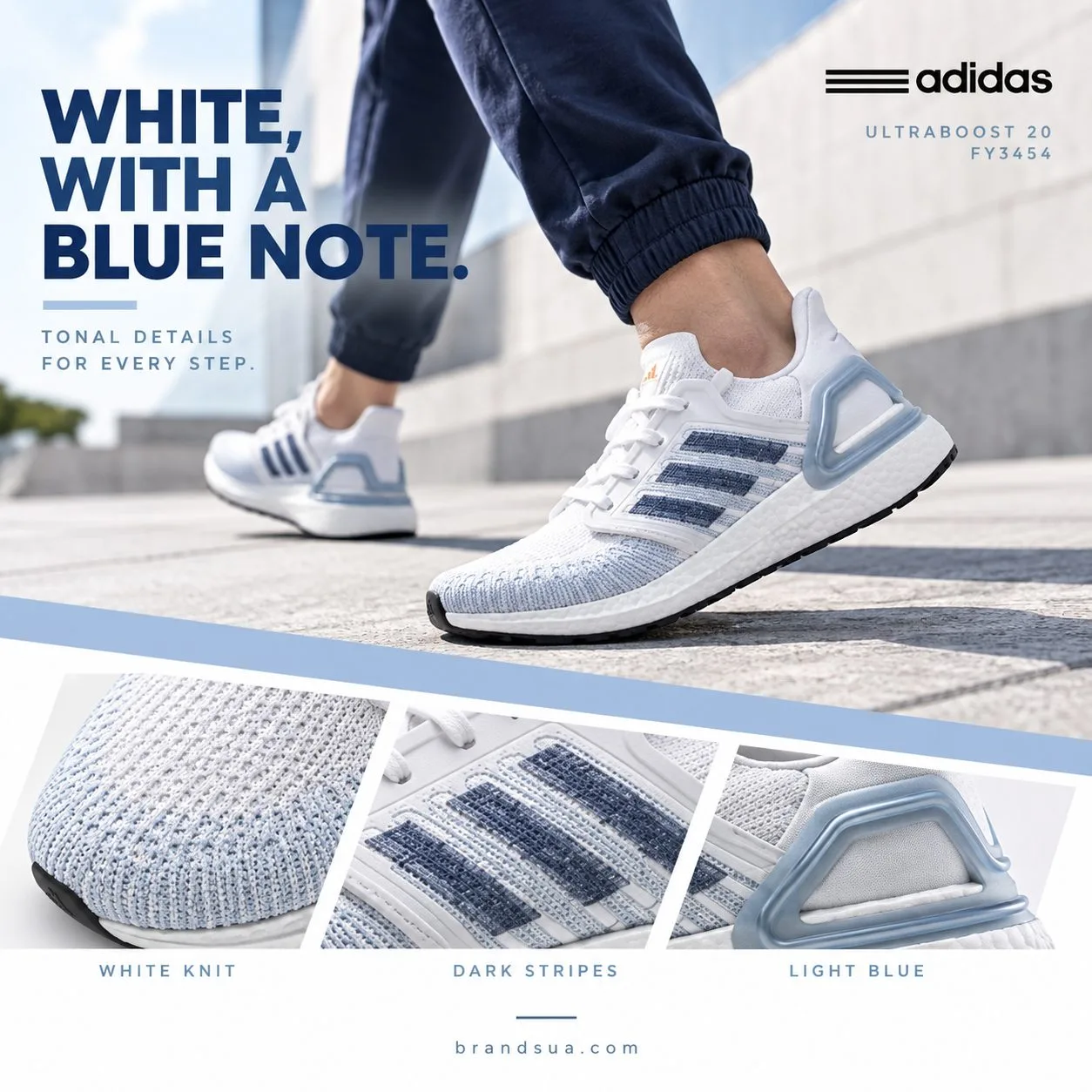 Adidas Ultraboost 20 White Light Blue FY3454 — WHITE, WITH A BLUE NOTE.; Adult in navy tapered joggers stepping briskly acro…