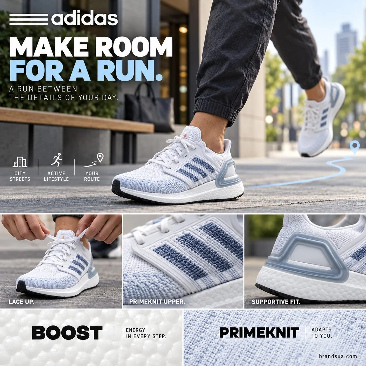 Adidas Ultraboost 20 White Light Blue FY3454 — MAKE ROOM FOR A RUN.; Adult cropped at waist jogging out from apartment forec…