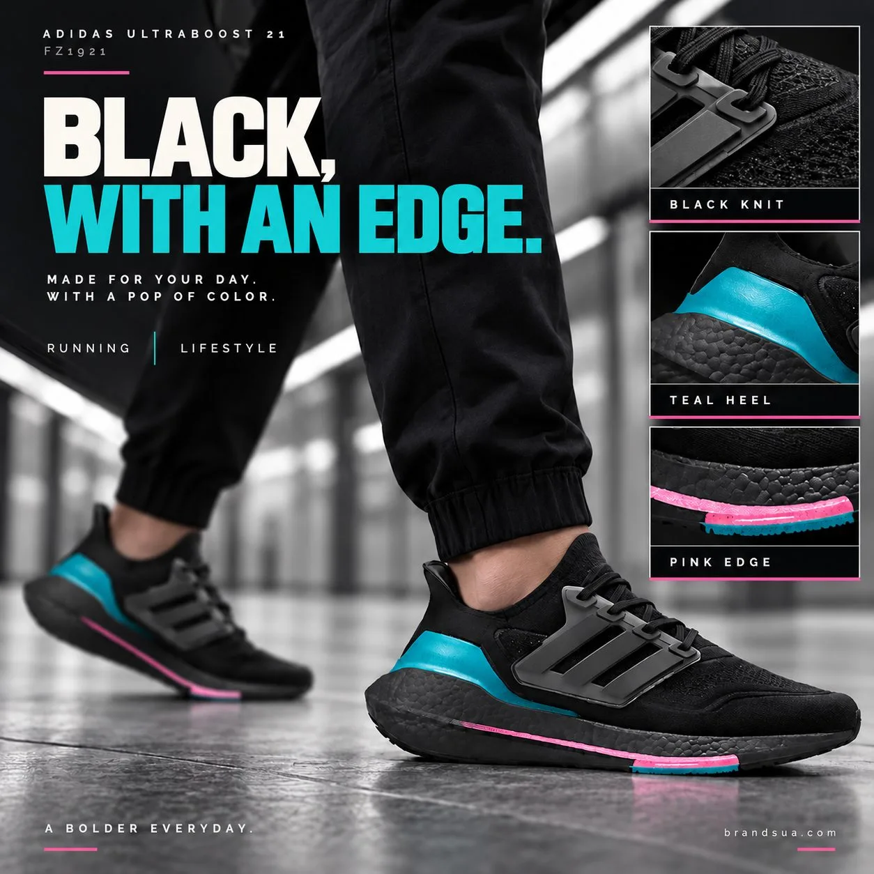 adidas UltraBoost 21 'Black Active Teal' FZ1921 — BLACK, WITH AN EDGE.; Adult in black tailored joggers walking quickly thro…