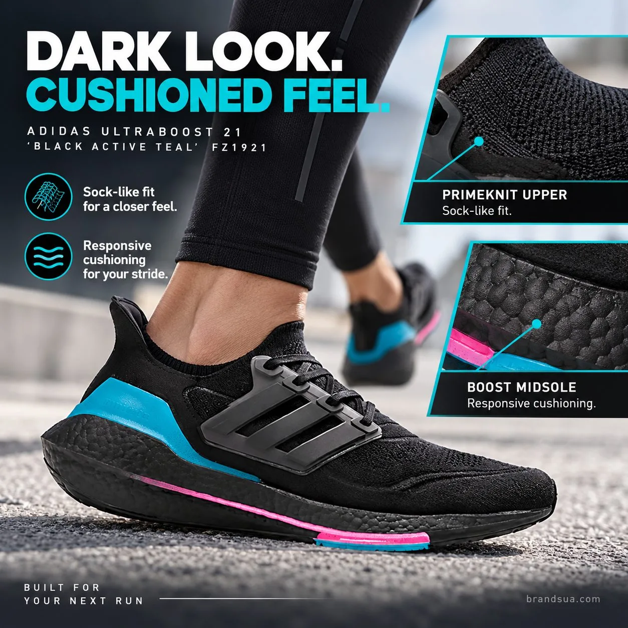 adidas UltraBoost 21 'Black Active Teal' FZ1921 — DARK LOOK. CUSHIONED FEEL.; Adult runner planting foot on light grey road;…