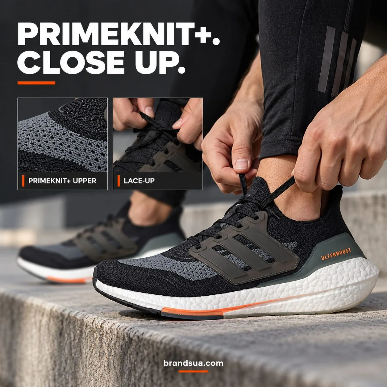 Adidas Ultraboost 21 Black FY0389 — Preparation gesture and macro make texture and closure concrete.
