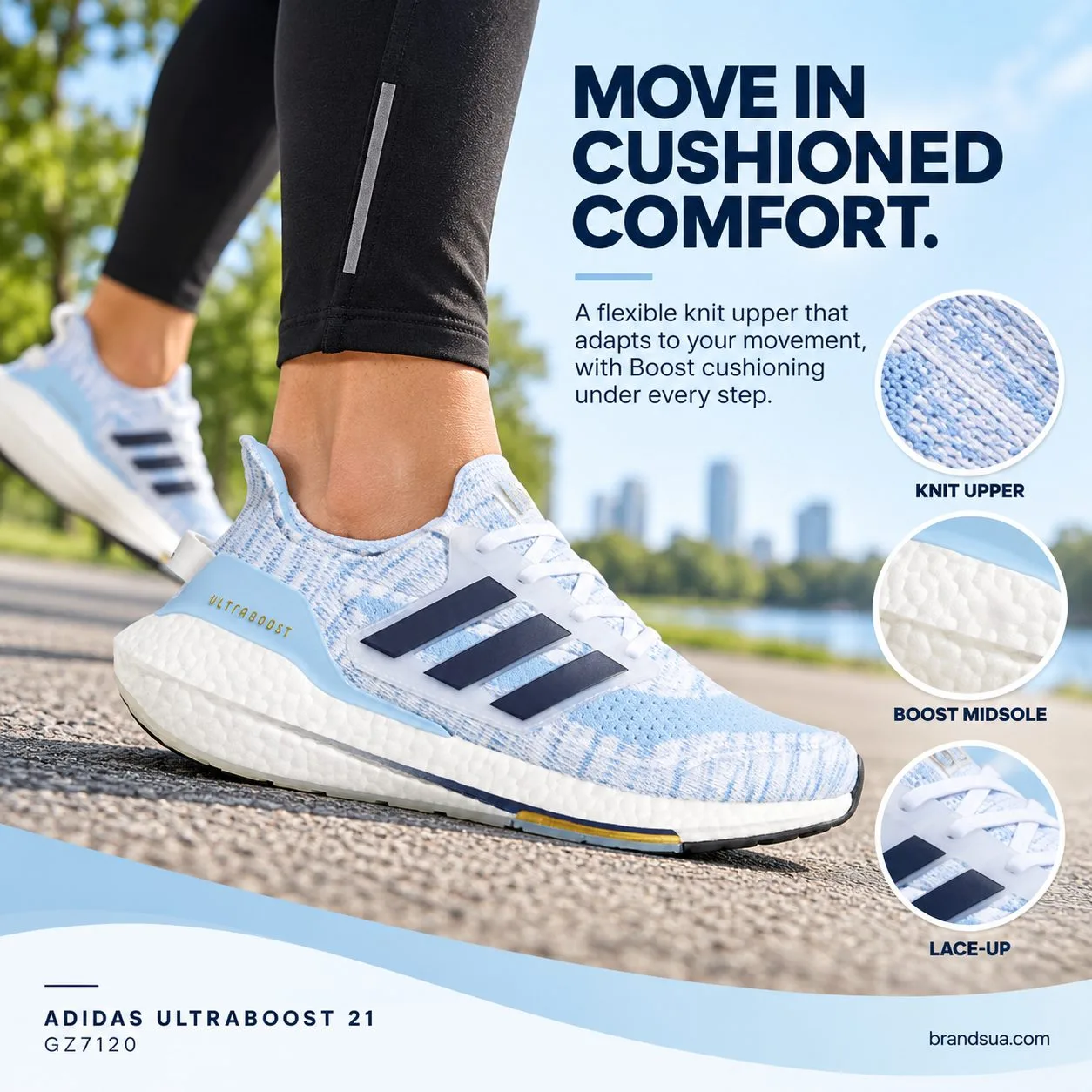 Adidas UltraBoost 21 GZ7120 — MOVE IN CUSHIONED COMFORT.; Adult wearing shoe stepping forward on park path; macro of visible…