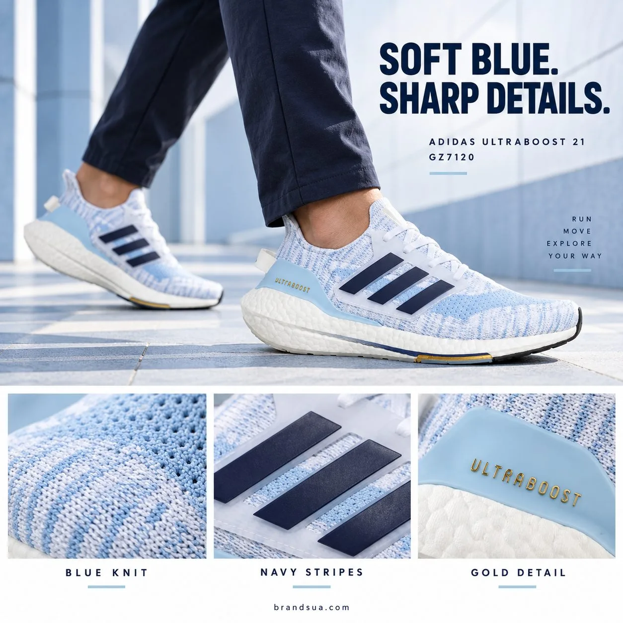 Adidas UltraBoost 21 GZ7120 — SOFT BLUE. SHARP DETAILS.; Adult in navy trousers striding through pale-blue tiled passage; wo…