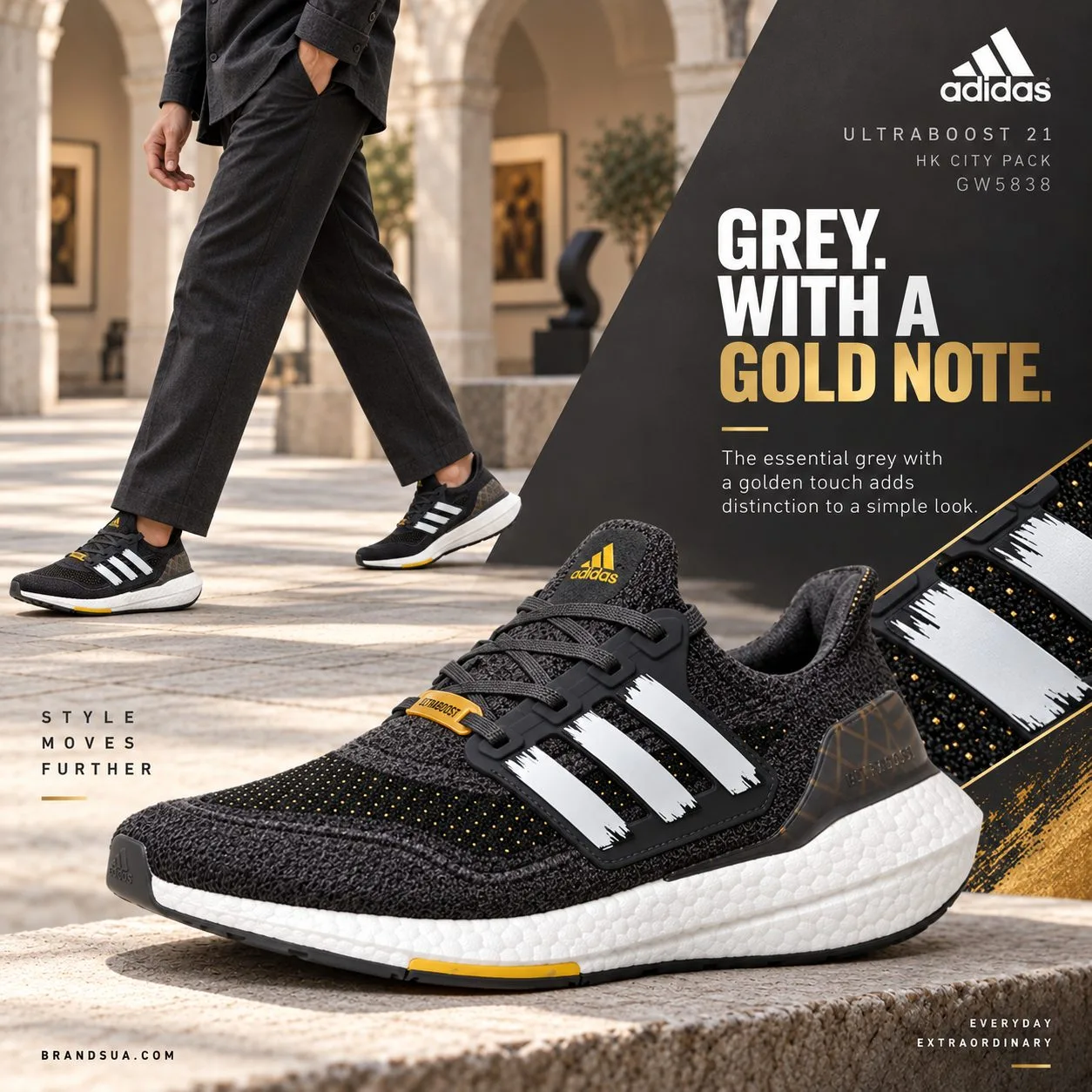 ADIDAS ULTRABOOST 21 HK CITY PACK GW5838 — Outfit pairing reveals accent without all-over bright colour.