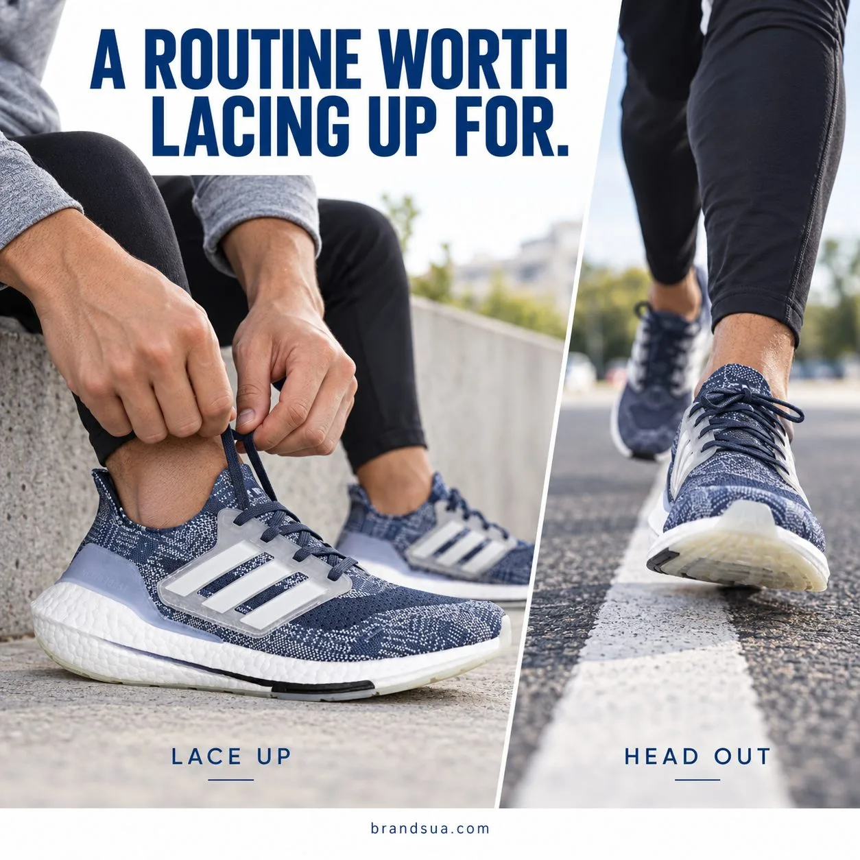 adidas Ultraboost 21 Prime Running FX7729 — Two-beat magazine story: largest photo adult hands tie exact blue shoe while sea…