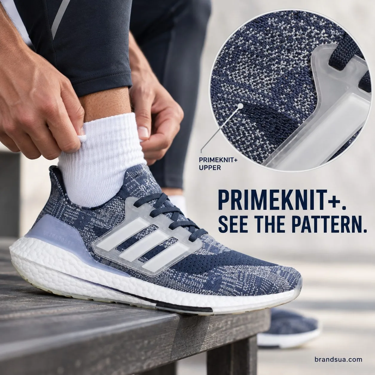 adidas Ultraboost 21 Prime Running FX7729 — Adult runner adjusts sock just above exact shoe on low bench. Shoe side large lo…