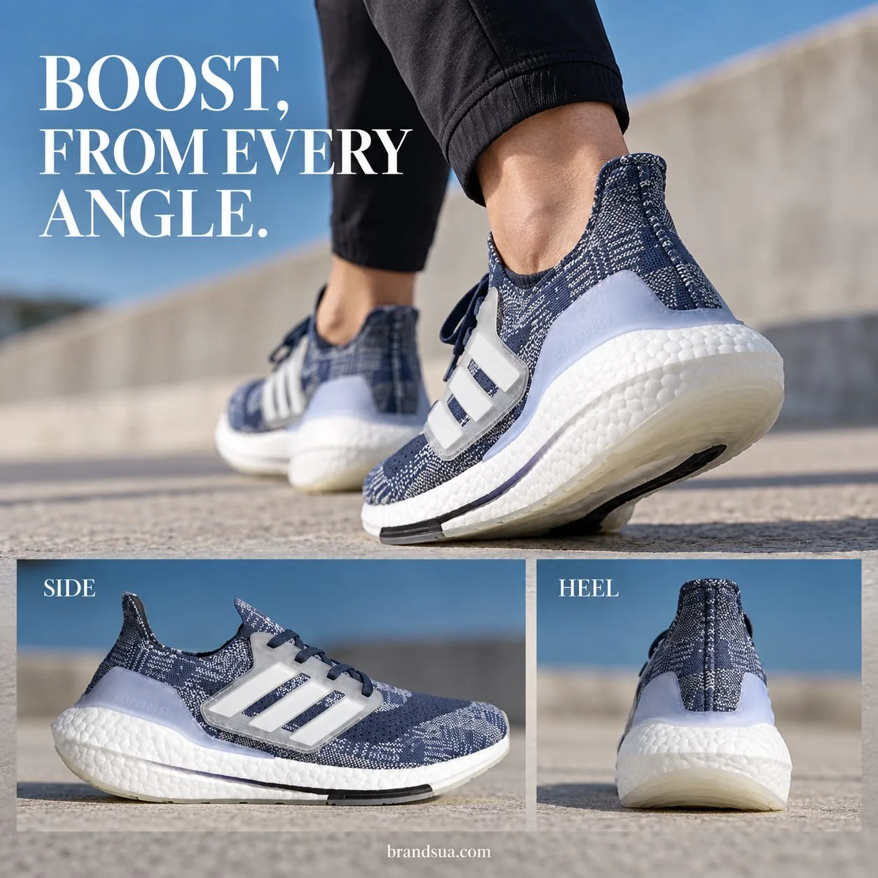adidas Ultraboost 21 Prime Running FX7729 — Cropped adult walking along concrete path, hero rear-three-quarter exact shoe an…