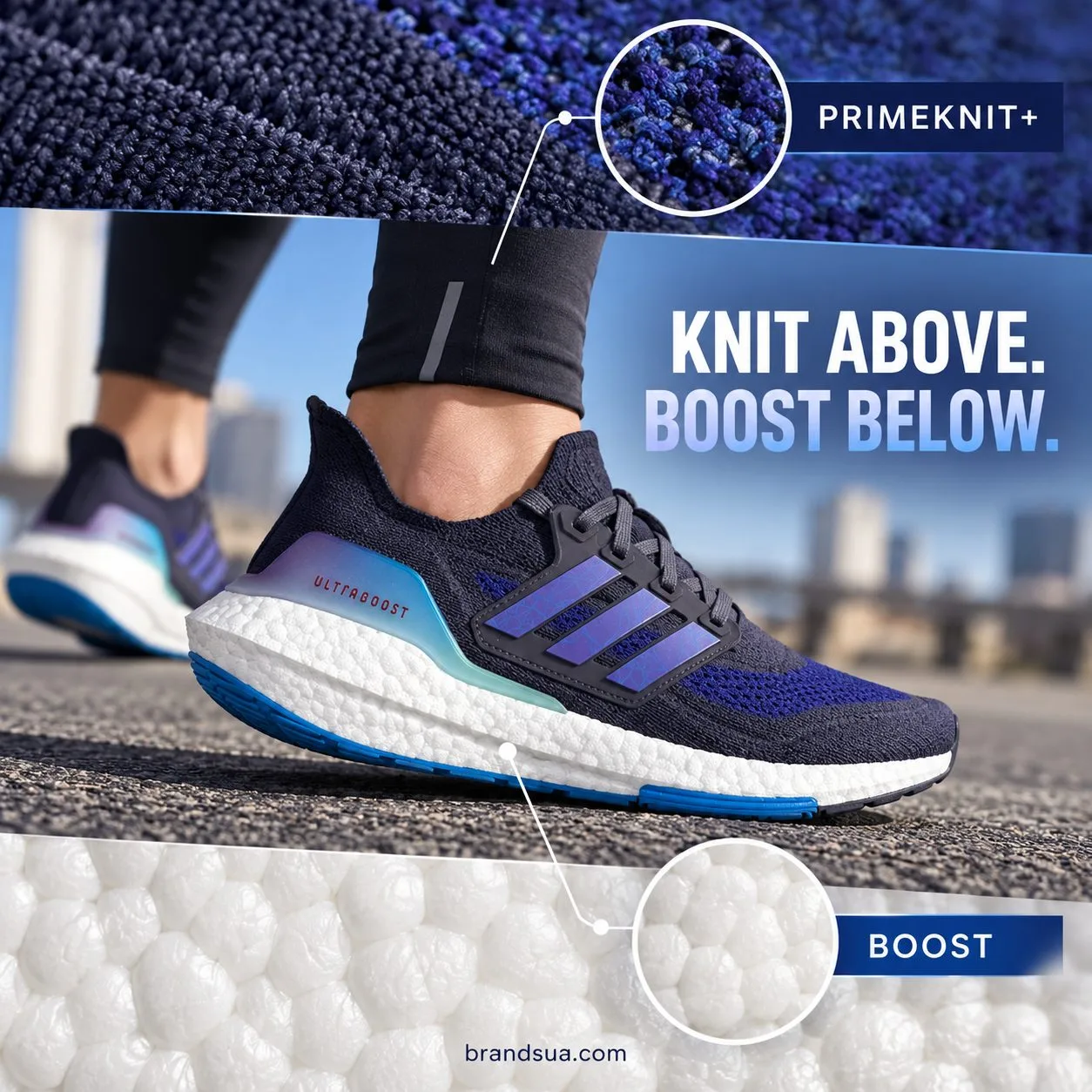 Adidas UltraBoost 21 Teaser Shadow Navy GY1332 — Spatial above/below layout maps materials to their locations.