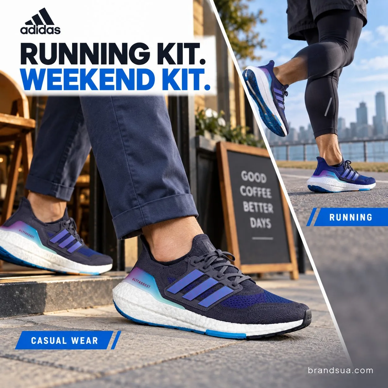 Adidas UltraBoost 21 Teaser Shadow Navy GY1332 — Two outfits answer versatility question with concrete visual comparison.