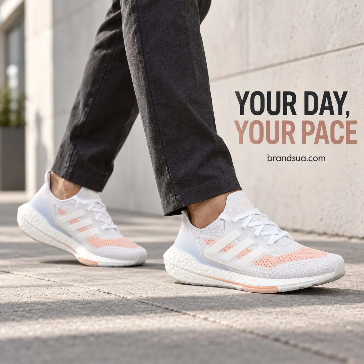 Adidas Ultraboost 21 White Glow Pink FY0396 — SOFT TONES. STRONG STYLE.; Adultwoman walking warmgallerycourtyard withstonecu…