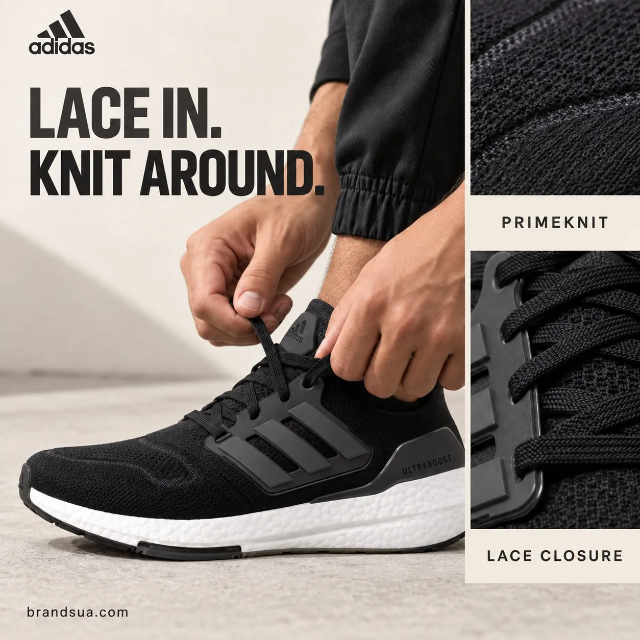 Adidas UltraBoost 22 'Black White' GX3062 — Hands adjust actual lacing, showing how wearer sets fit.