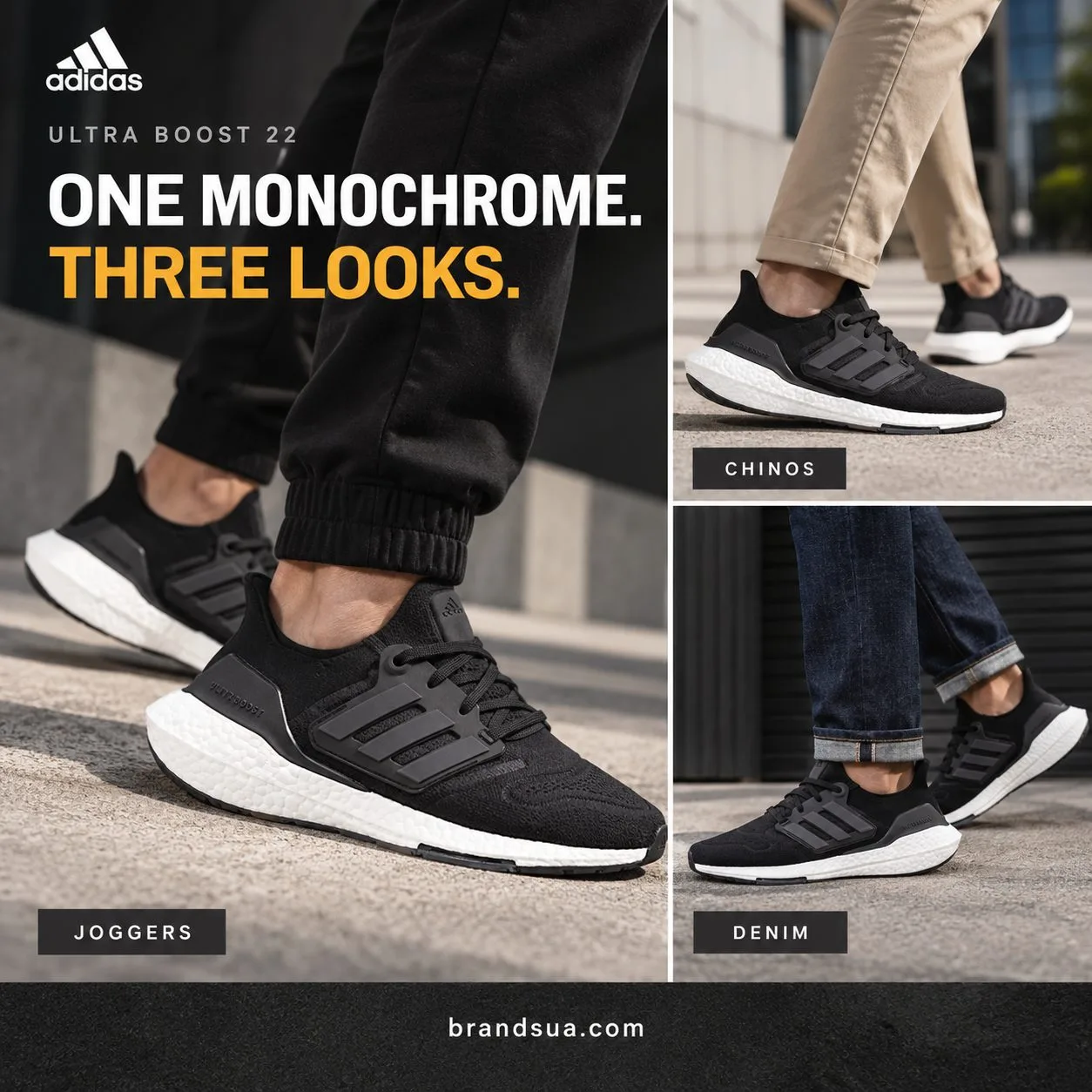 Adidas UltraBoost 22 'Black White' GX3062 — Three actual outfit combinations demonstrate wardrobe flexibility.