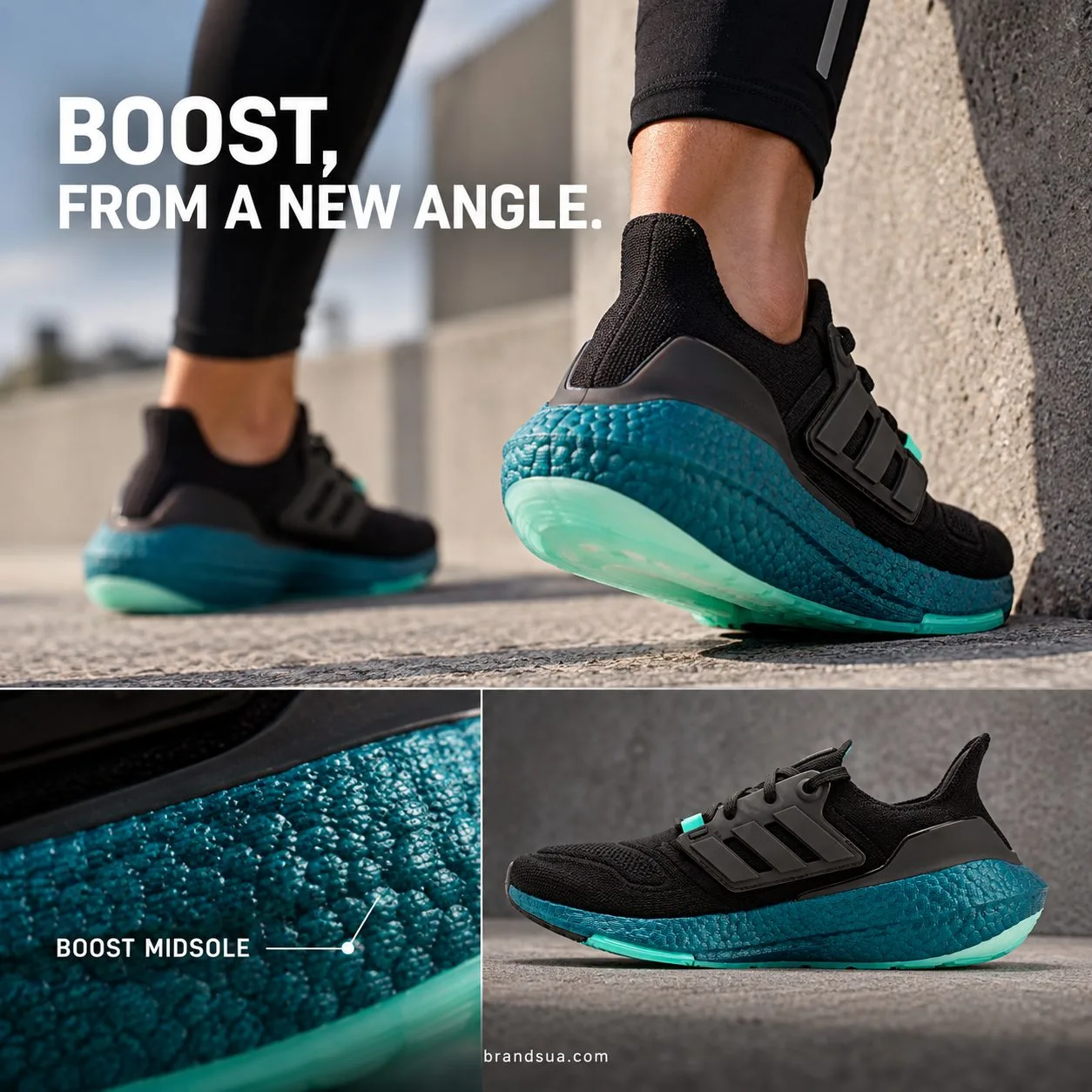 Adidas Ultraboost 22 GX5564 — Top half detailed rear three-quarter on-foot heel during calf stretch, showing bulbous teal Bo…