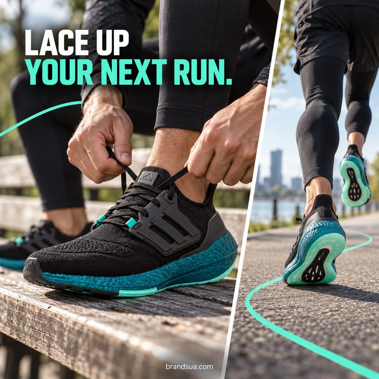 Adidas Ultraboost 22 GX5564 — Diptych action narrative: hands pull black laces on bench foreground; narrow second panel show…