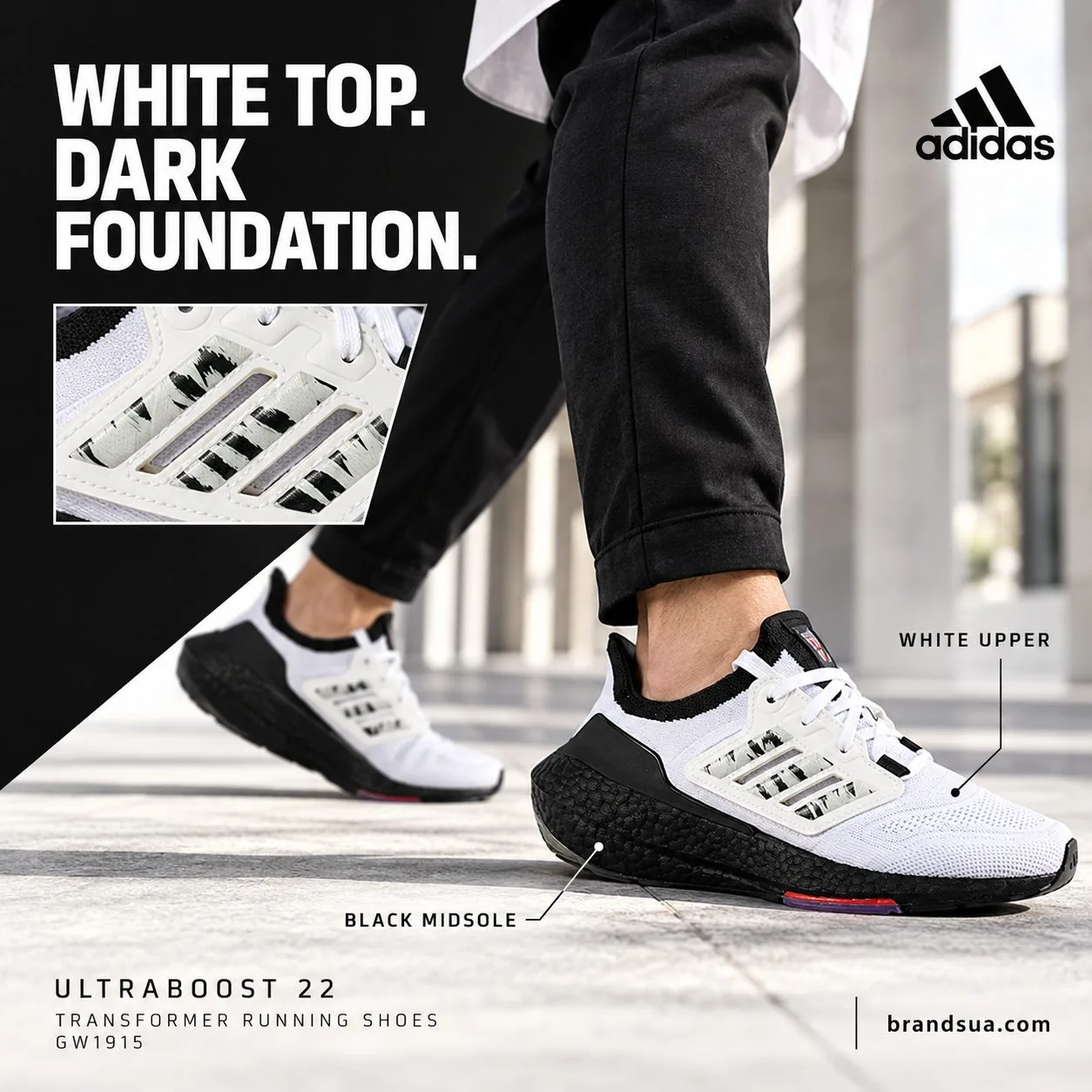 Adidas ULTRABOOST 22 Transformer Running Shoes GW1915 — Outfit repeats two-tone architecture of shoe to show styling appeal.