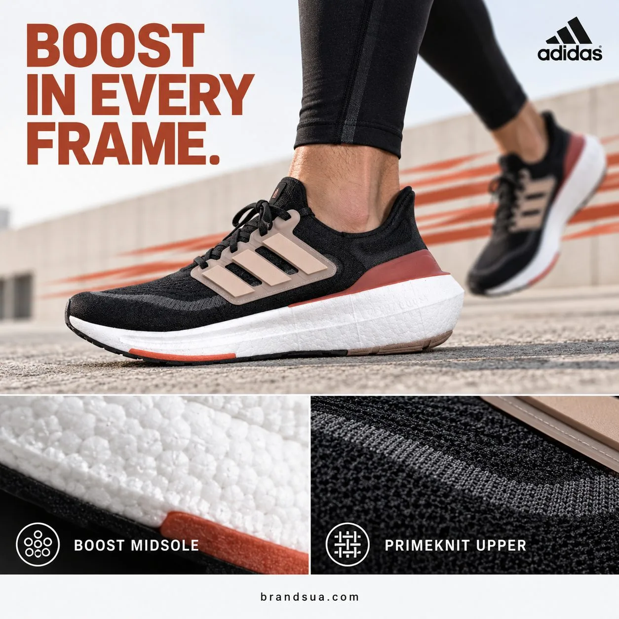 Adidas Ultraboost 23 Light Core Black Grey Six HQ6344 — One full on-foot running lateralhero paired with two precise materia…