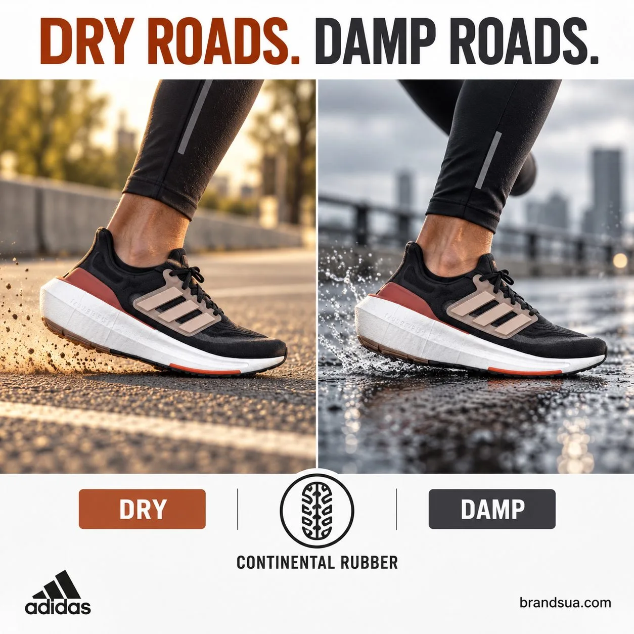 Adidas Ultraboost 23 Light Core Black Grey Six HQ6344 — Two on-foot road-running panels show the same exact shoe contacting…