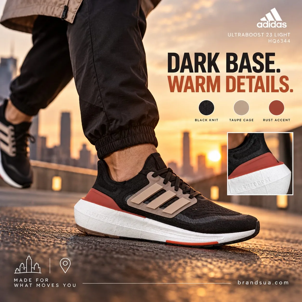 Adidas Ultraboost 23 Light Core Black Grey Six HQ6344 — Adult moving through city in blackjoggers and taupejacketedge echoes…