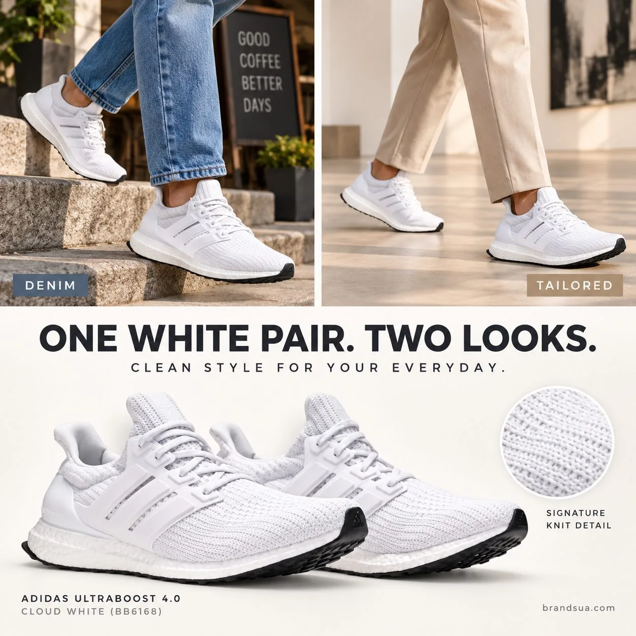 Adidas UltraBoost 4.0 'Cloud White' BB6168 — ONE WHITE PAIR. TWO LOOKS.; Two cropped adults wearing exact same colorway in d…