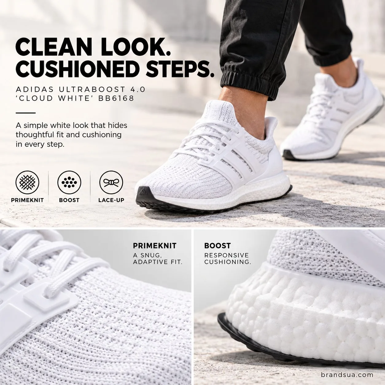 Adidas UltraBoost 4.0 'Cloud White' BB6168 — CLEAN LOOK. CUSHIONED STEPS.; Adult walking in white shoes on a pale stone side…