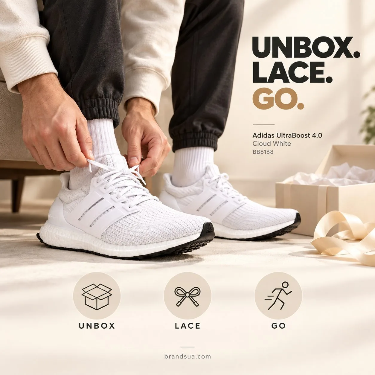 Adidas UltraBoost 4.0 'Cloud White' BB6168 — UNBOX. LACE. GO.; Adult wearing and tying one exact white shoe, second already…