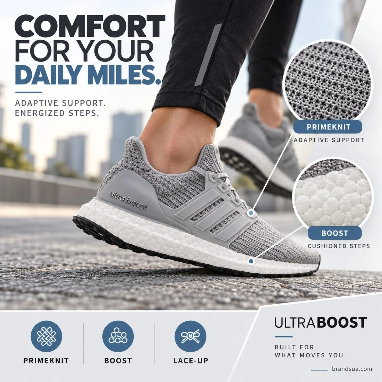 Adidas Ultraboost Grey BB6150 — COMFORT FOR YOUR DAILY MILES.; Adult jogging on grey urban pavement, lateral worn shoe crisp…