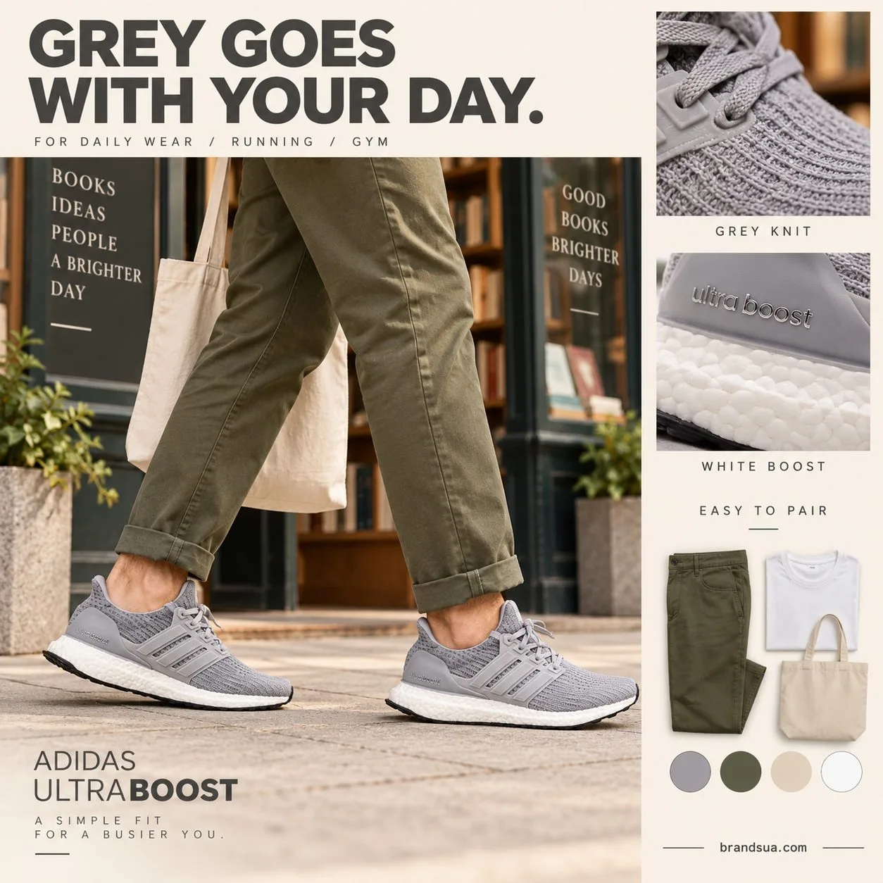 Adidas Ultraboost Grey BB6150 — GREY GOES WITH YOUR DAY.; Cropped adult in olive chinos carries plain tote while walking alo…