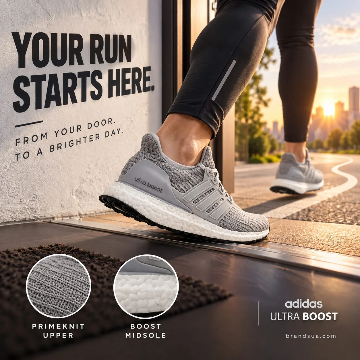Adidas Ultraboost Grey BB6150 — YOUR RUN STARTS HERE.; Adult runner crossing apartment doorway onto dawn street, one worn fo…