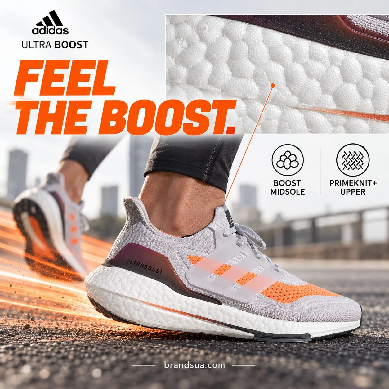 Adidas Ultraboost Grey Orange Black White FY0375 — Active running heel contact and a large exact midsole crop connect the na…