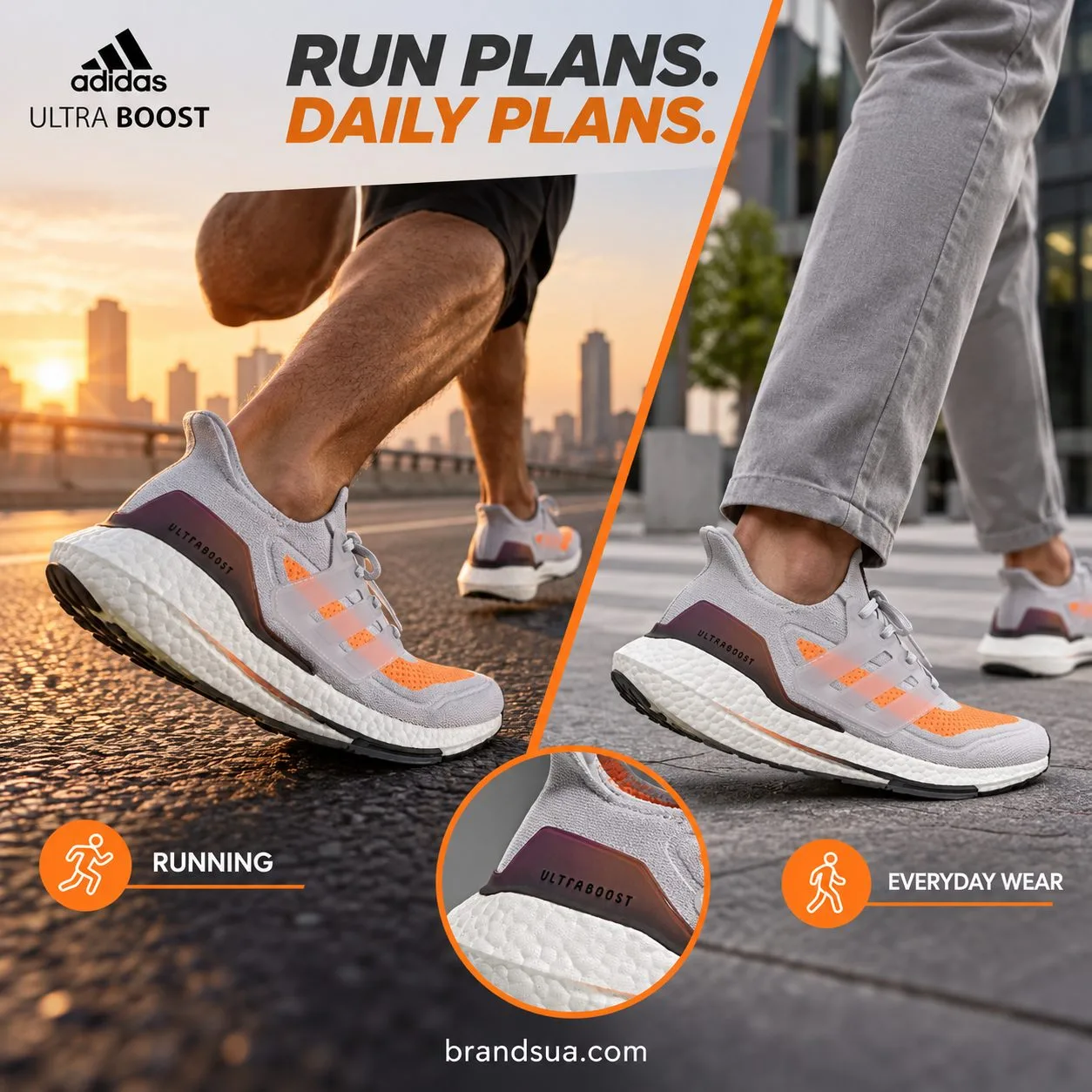 Adidas Ultraboost Grey Orange Black White FY0375 — Two different real-use scenes linked by continuous orange diagonal: runni…