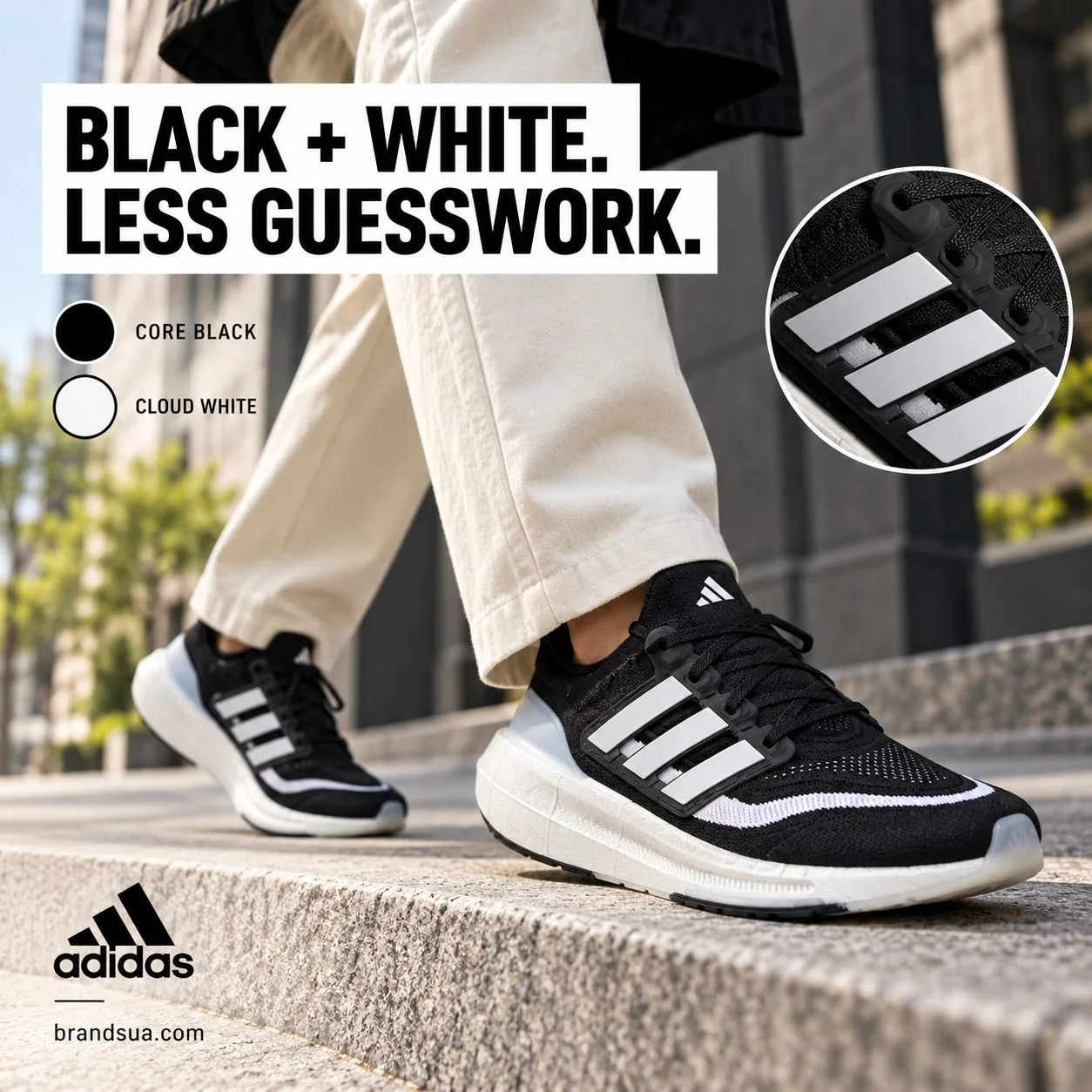 Adidas ULTRABOOST LIGHT SHOES Black HQ6340 — Outfit-focused active urbanwalk shows exactshoe against creamtrousers and black…