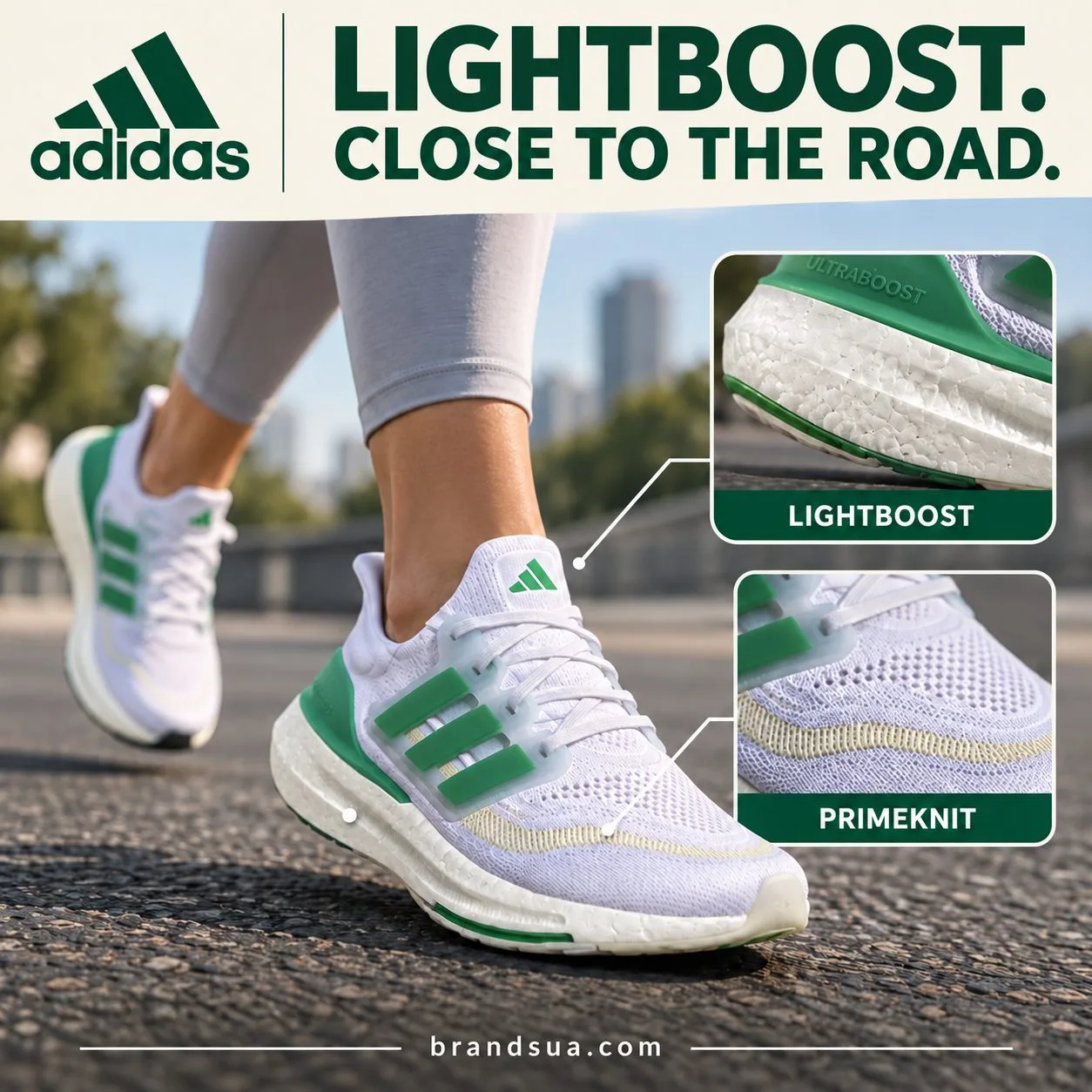 Adidas Ultraboost Light White Tint Court Green Blue Dawn HQ6350 — Component closeups connect materials with intended running…