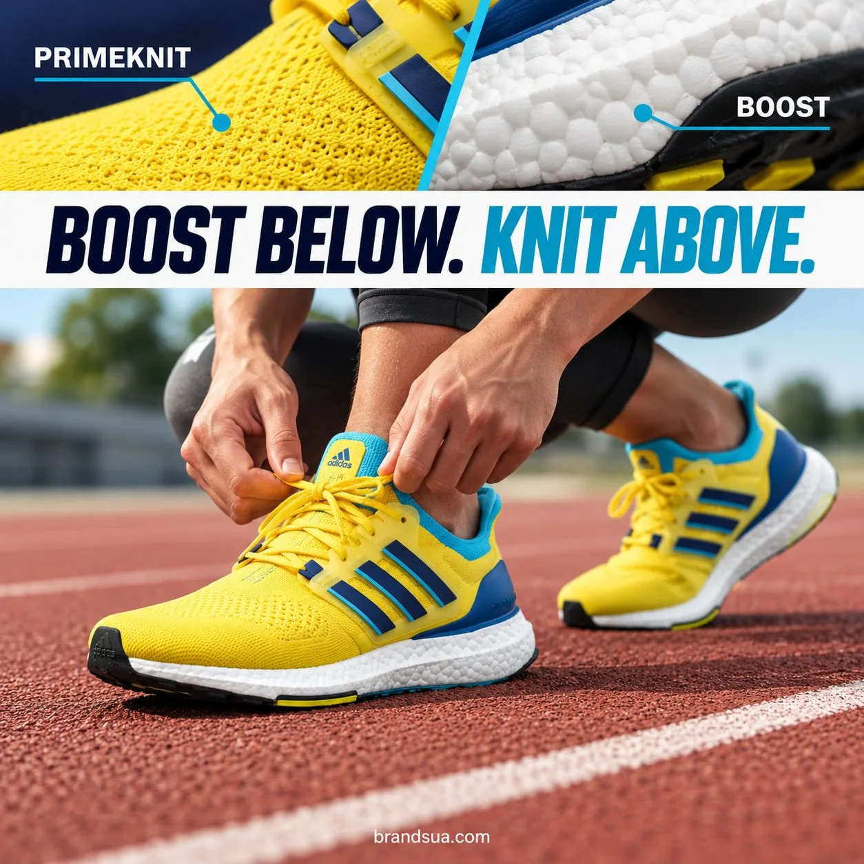 Adidas Ultraboost yellow legacy Indigo sky Rush GW1710 — Adult crouched during lace check, hero shoe at three-quarter side o…